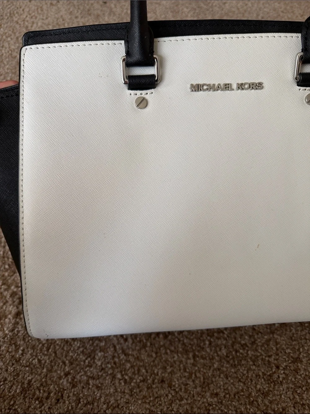Michael Kors Black and White Saffiano Leather Satchel with Top Handles